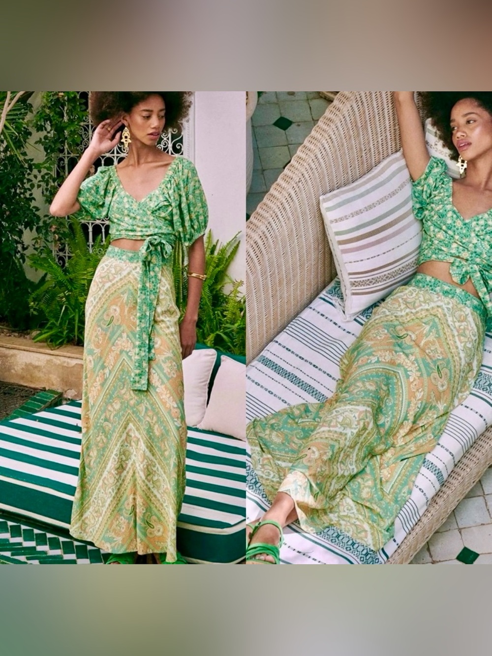 SPELL Madame Peacock maxi skirt in color emerald, size Small